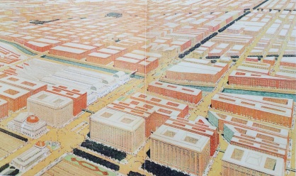 Proposed Twelfth Street Boulevard at intersection with Michigan Avenue. The proposed railway terminals are shown facing the Boulevard. Painted for the Commercial Club by Jules Guerin.